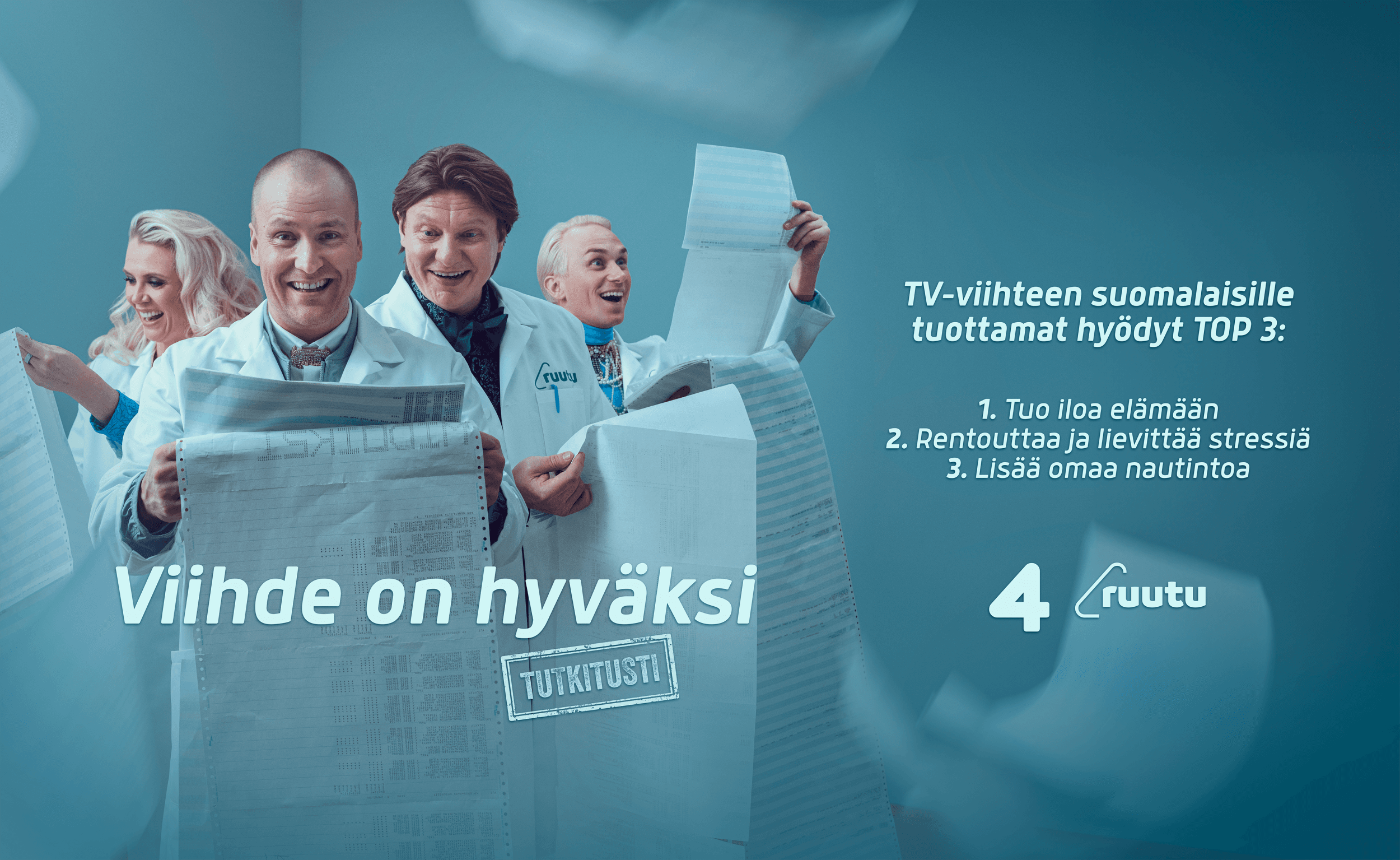 Nelonen Median viihdetutkimus: TV-viihteen tuottamat TOP3 hyödyt: Tuo iloa elämään, rentouttaa ja lievittää stressiä, lisää omaa nautintoa. Nelonen Median viihdetutkimus: TV-viihteen tuottamat TOP3 hyödyt: Tuo iloa elämään, rentouttaa ja lievittää stressiä, lisää omaa nautintoa.